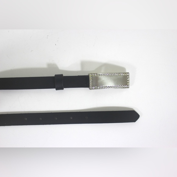 Skinny Black Leather Belt with Brushed Silver and Rhinestone Buckle - Picture 3 of 8